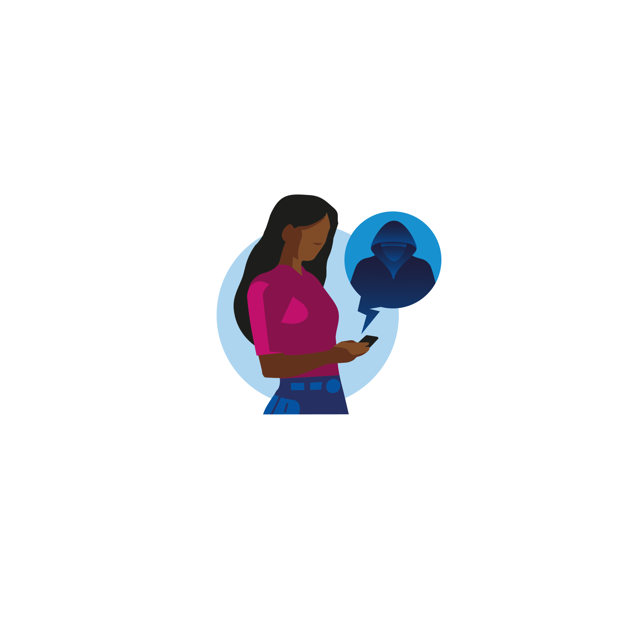 Illustratie: vrouw kijkt op haar telefoon, in een spraakballon een figuur met capuchon