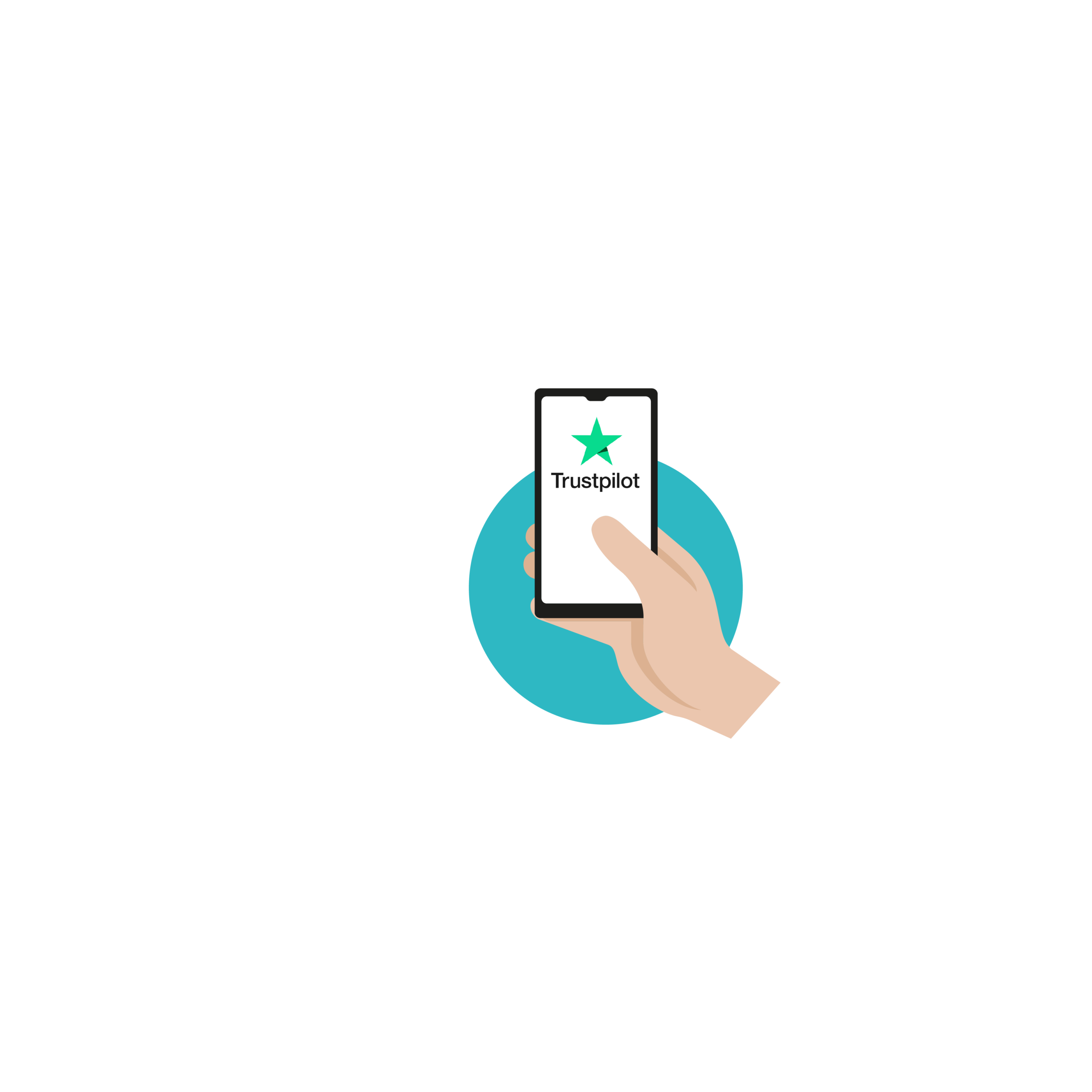 Illustratie: hand met telefoon met Trustpilot op het scherm