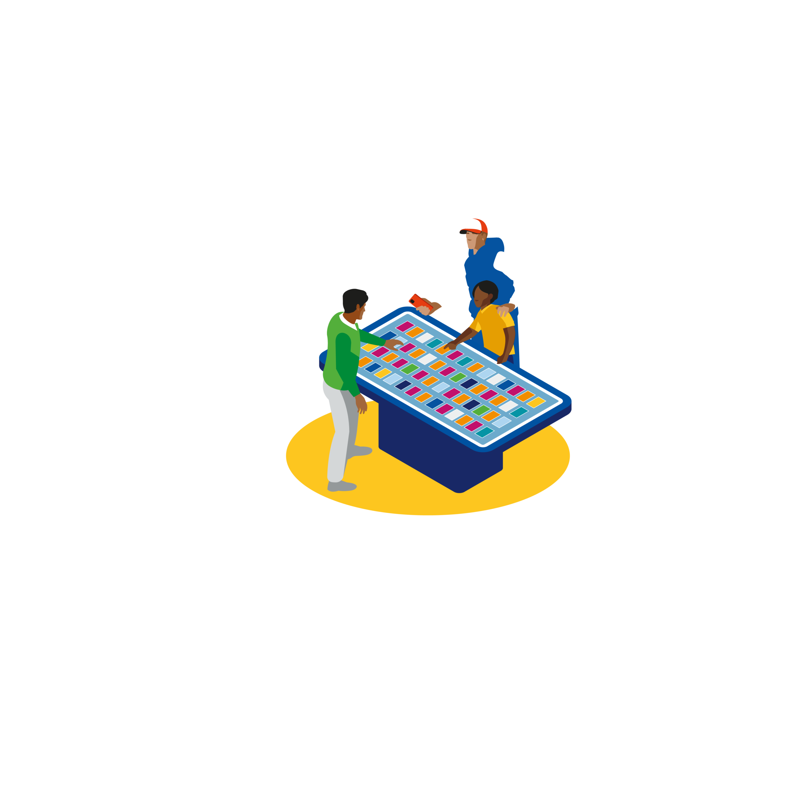Illustratie: mensen ruilen kaarten aan een tafel op een beurs