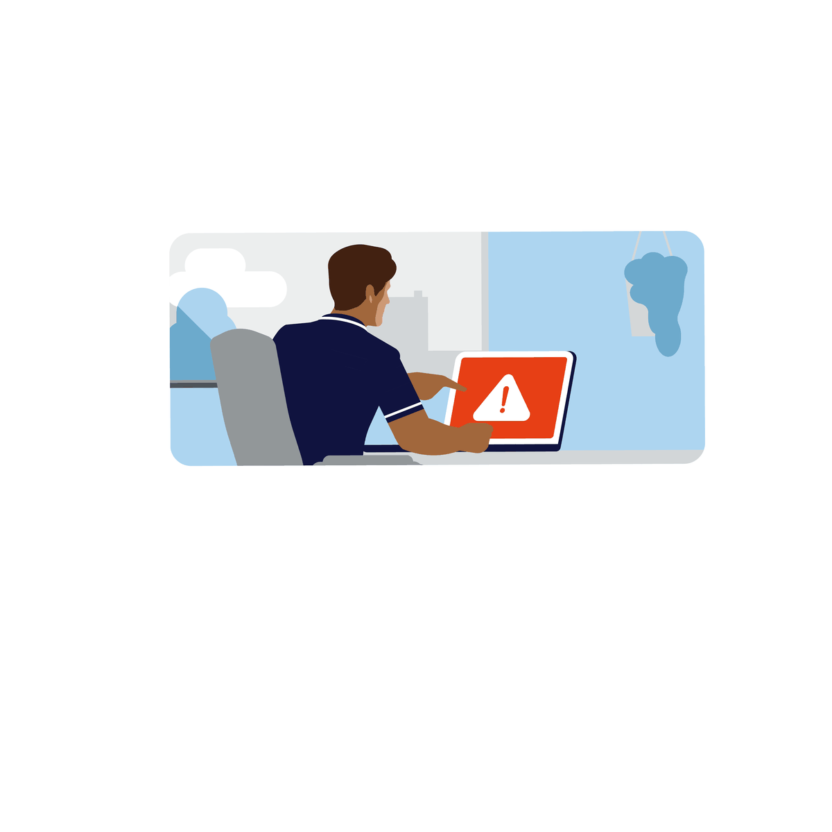 Illustratie: iemand achter een laptop met een waarschuwing op het scherm